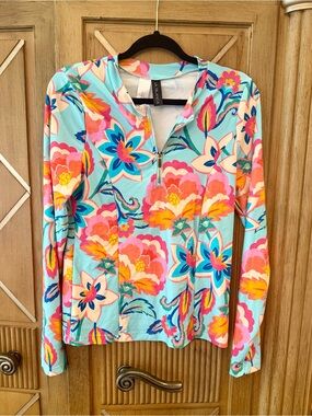 La Blanca Floral Zip-Front Long Sleeve Rash Guard-Aqua Multi